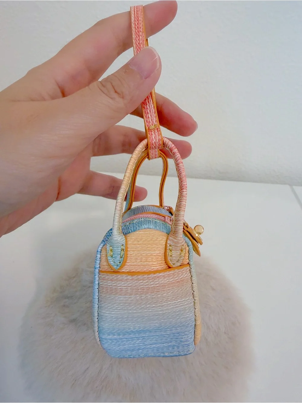 Mini Top Handle Bag Charm Woven Texture Coin Pouch Rainbow Luxury Style